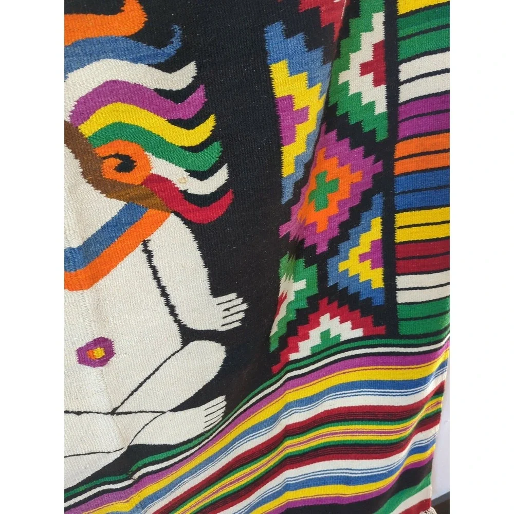 VINTAGE 1960'S HAND WOVEN MEXICO MULTICOLOR WOOL‎ BLANKET